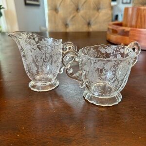 Cambridge Wildflower Clear Sugar Bowl & Creamer Etched Flowers